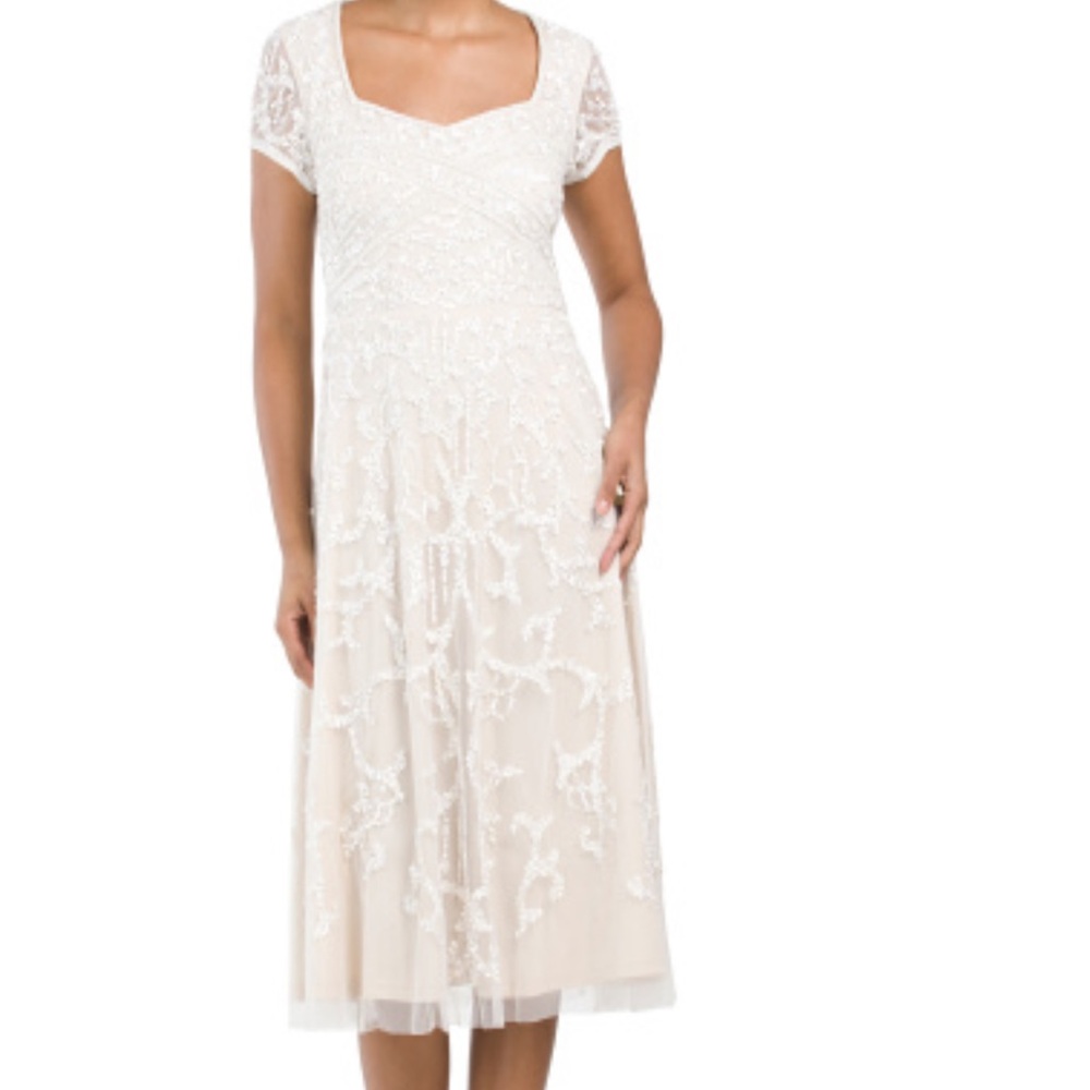 HAND BEADED SHORT SLEEVE FIT AND FLARE COCKTAIL DRESS pearl